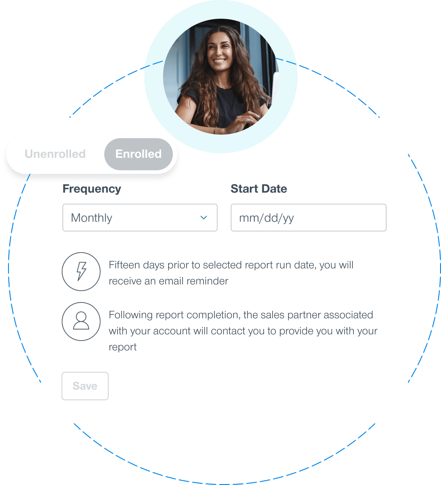 Screenshot of the Advisor Dashboard Automated Rerun enrollment process, which includes fields for entering the frequency and start date of your automated reports.