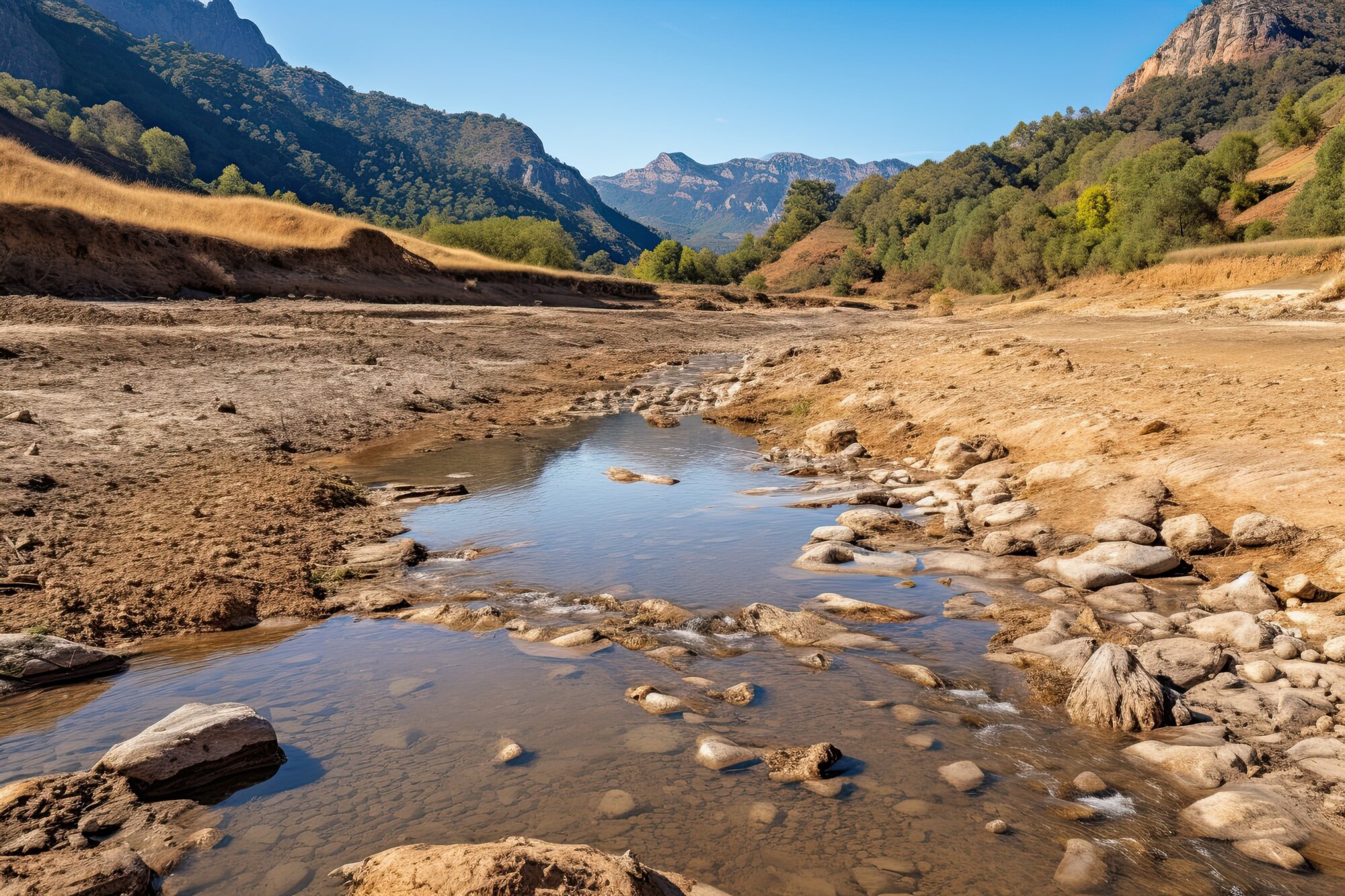 nearly dry riverbed in the mountains due to drought and rain shortage on a sunny day - concept of drought and climate change - generative AI