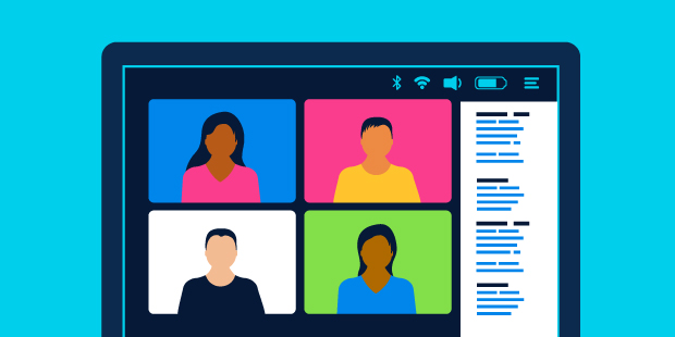 An animated image with four individuals on a screen