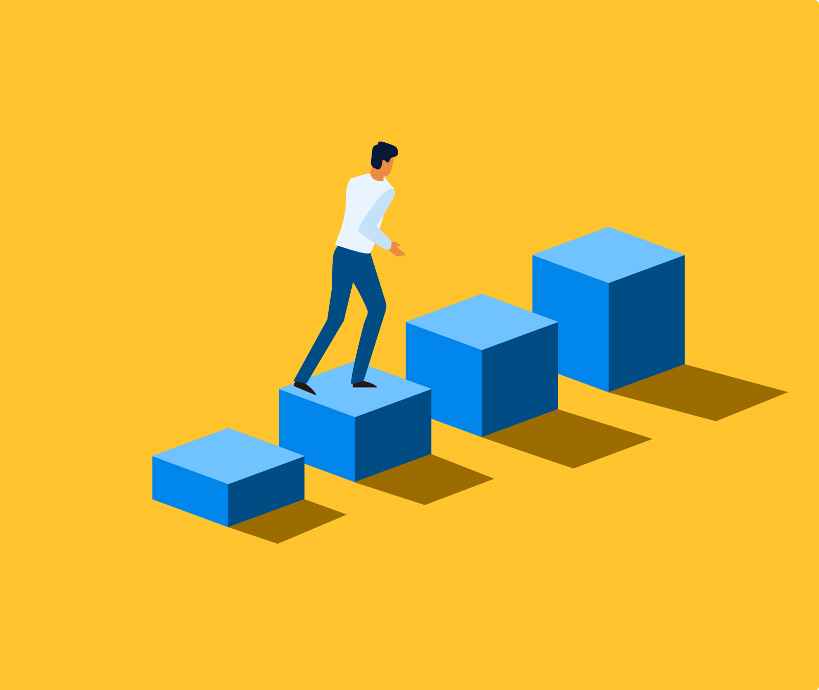 An illustration of a man in a white shirt and jeans walking on increasingly taller blue blocks against a yellow background.