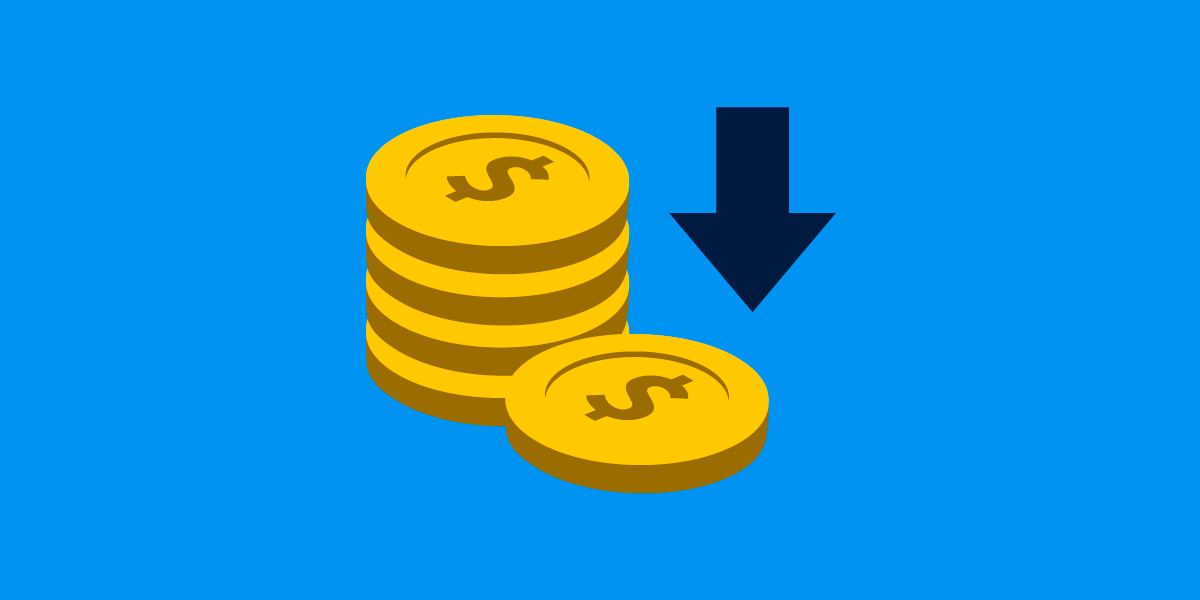 An illustration of a tall stack of gold coins next to a single coin, with an arrow pointing down.